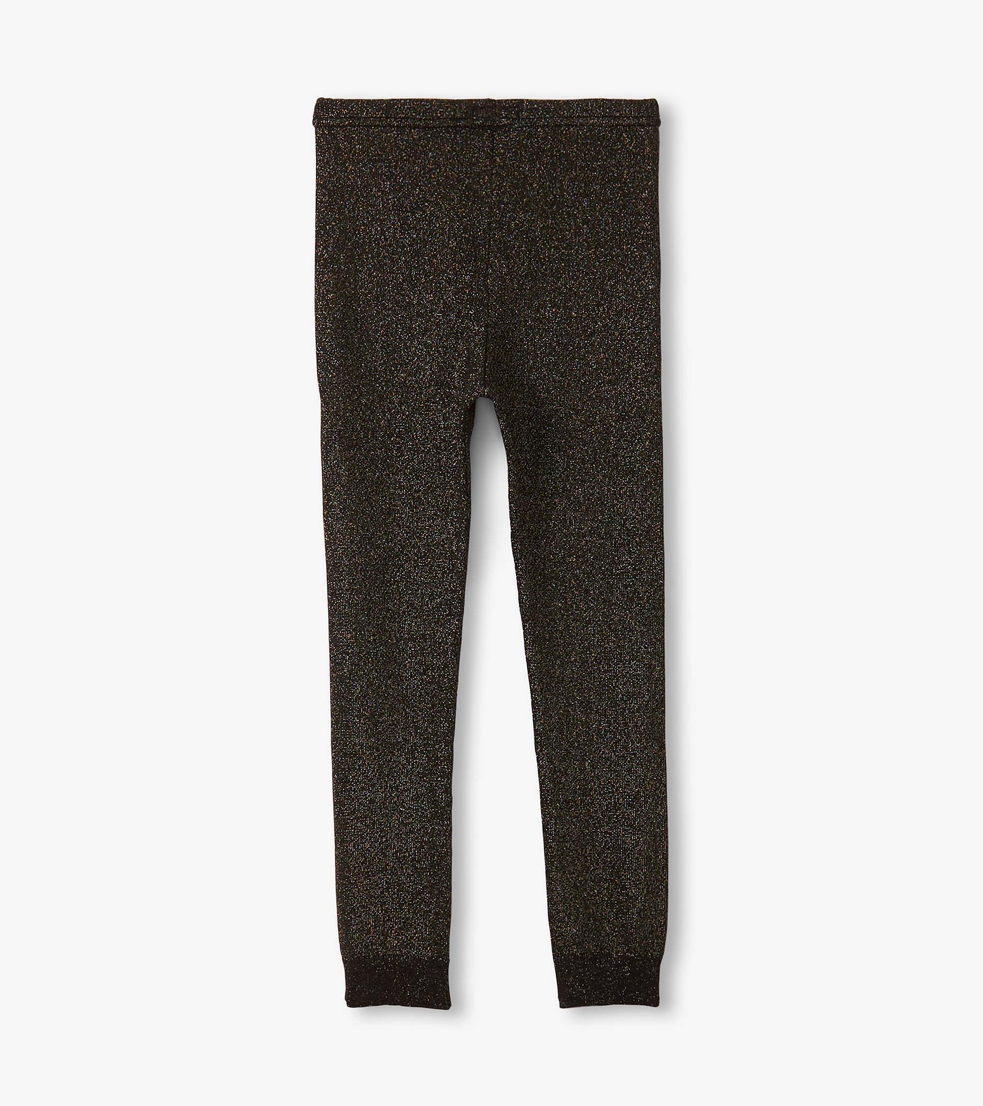 Black glitter leggings with a fitted design, featuring an elastic waistband and tapered legs. Suitable for girls.