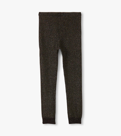 Black glitter leggings with a fitted design, featuring an elastic waistband and tapered legs. Suitable for girls.