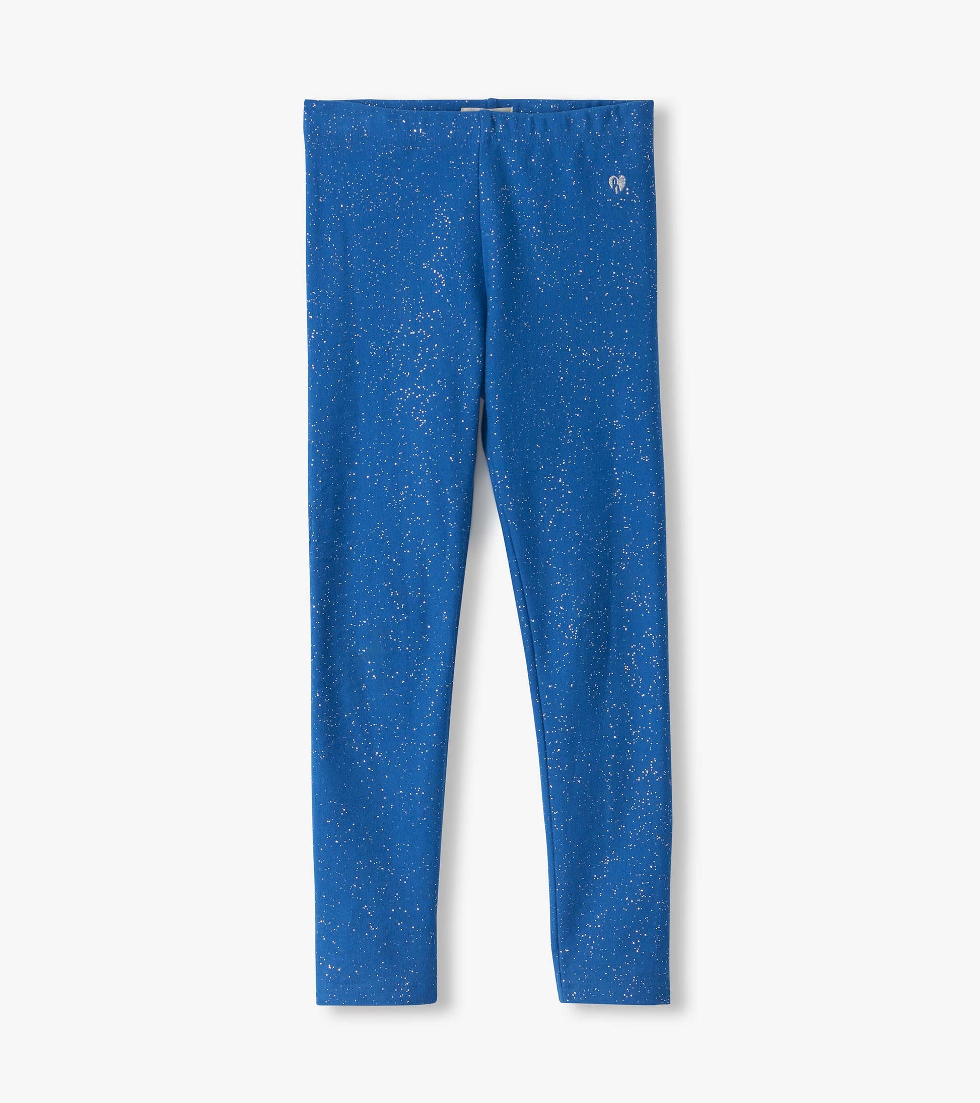 Bright cobalt girls leggings with allover silver speckle print and slim full-length fit