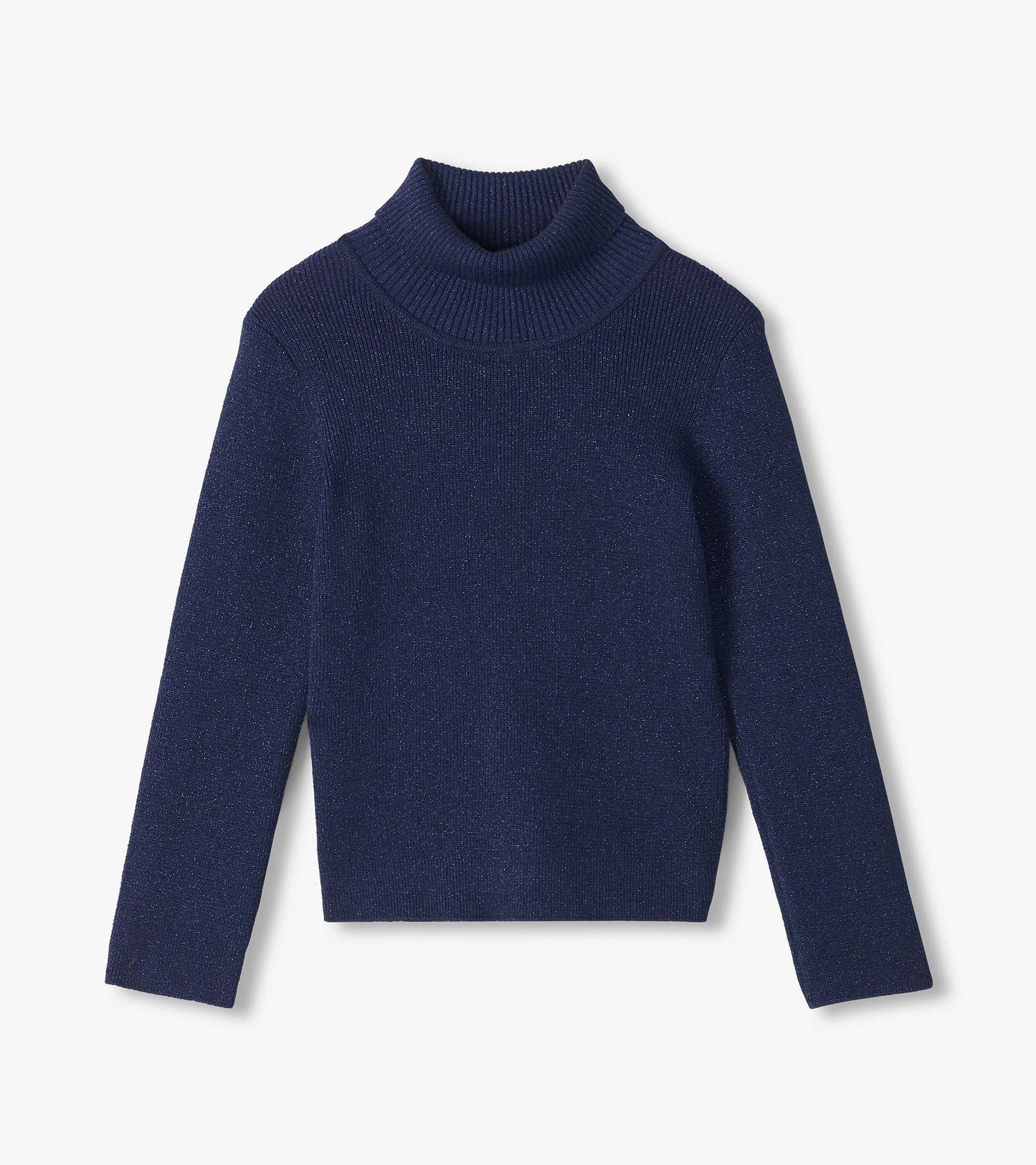 Patriot blue glitter turtleneck sweater with long sleeves and ribbed neck, cuffs, and hem