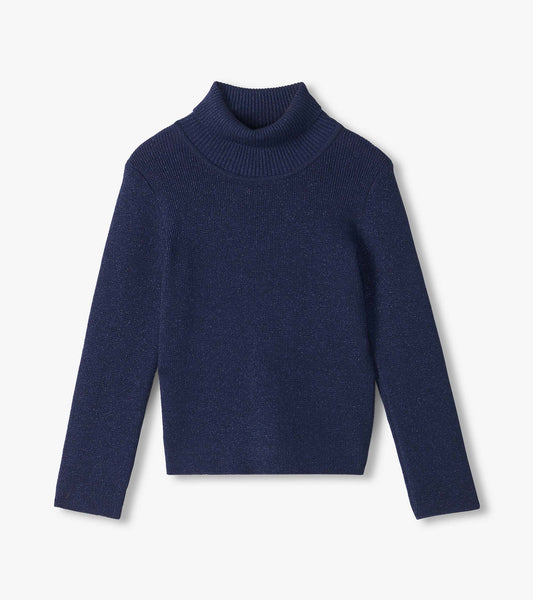 Patriot blue glitter turtleneck sweater with long sleeves and ribbed neck, cuffs, and hem