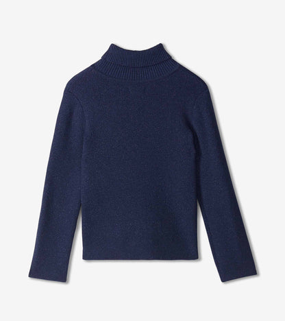 Girls patriot blue glitter turtleneck sweater back view with long sleeves and ribbed collar