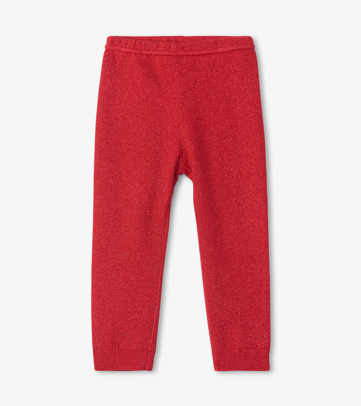 Red shimmer cable knit leggings for babies, featuring a soft elastic waistband and snug fit.
