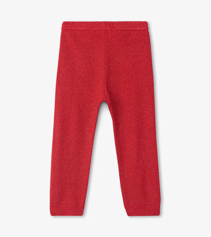 Red shimmer cable knit leggings for babies, featuring a soft texture and elastic waistband.