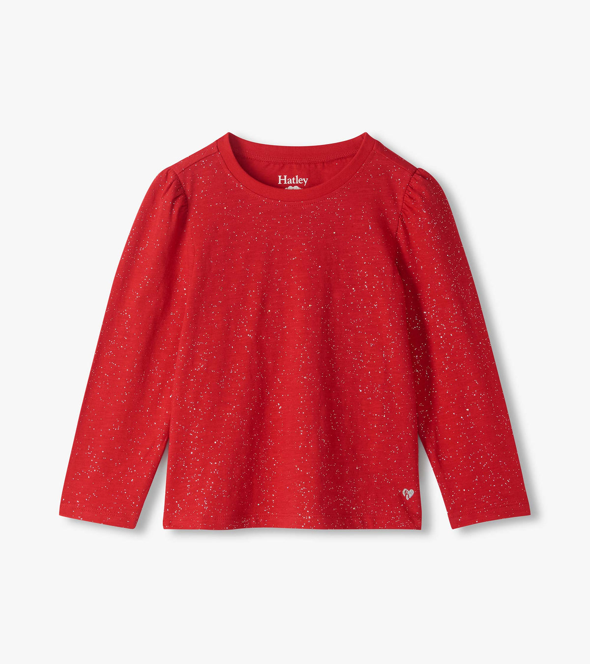 Girls red long sleeve T-shirt with silver speckled shimmer, puff shoulders, and a round neckline