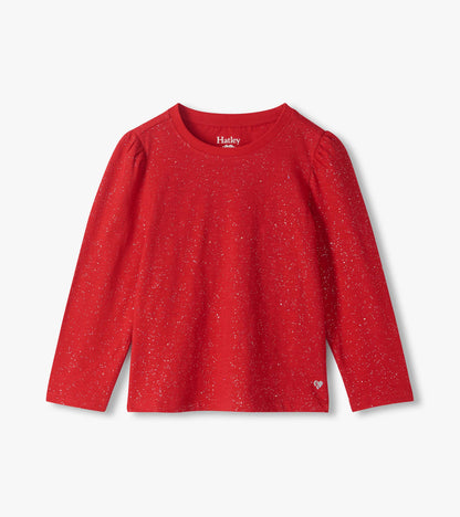 Girls red long sleeve T-shirt with silver speckled shimmer, puff shoulders, and a round neckline