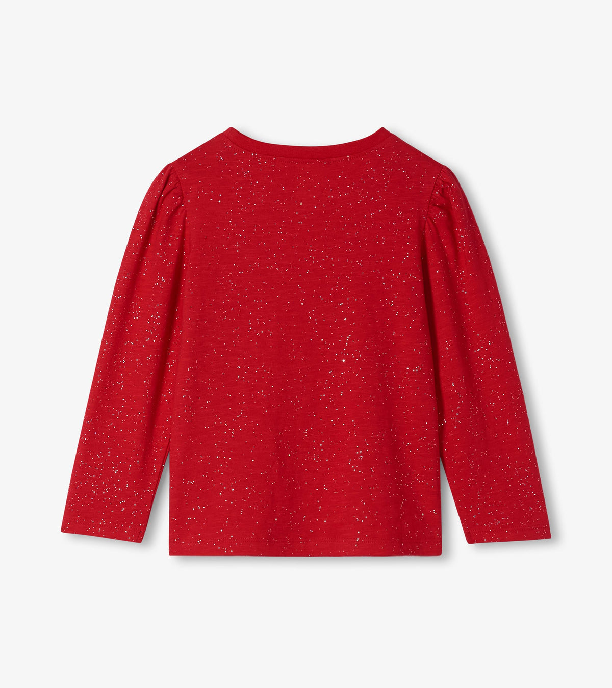 Back view of girls red long sleeve T-shirt with silver speckled shimmer and puff shoulders