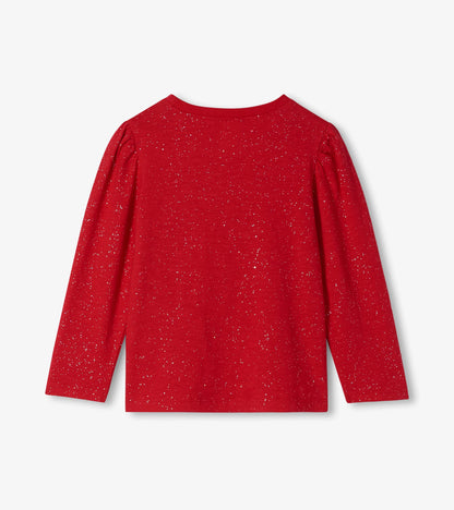 Back view of girls red long sleeve T-shirt with silver speckled shimmer and puff shoulders