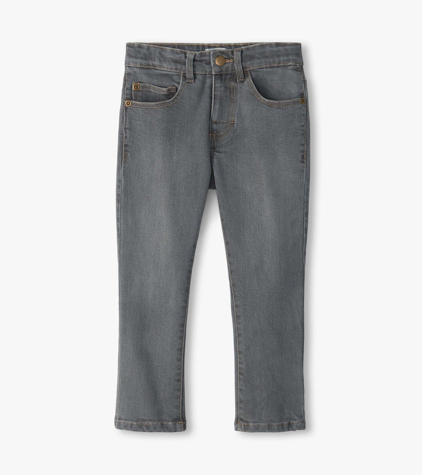 Front view of charcoal grey denim jeans with five-pocket styling and slim straight legs