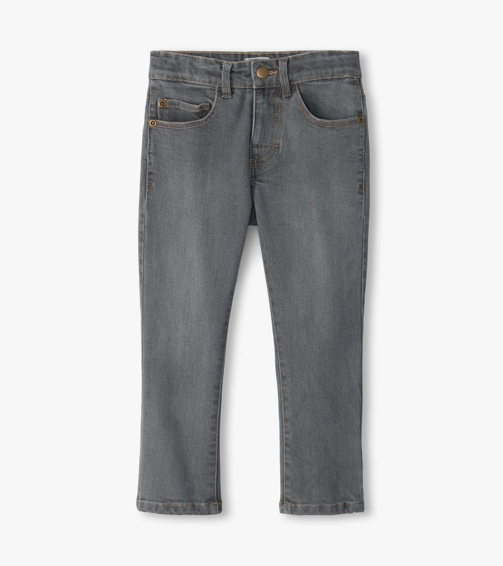 Front view of charcoal grey denim jeans with five-pocket styling and slim straight legs