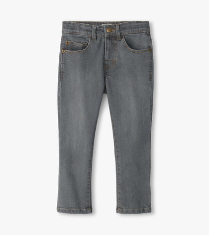 Front view of charcoal grey denim jeans with five-pocket styling and slim straight legs