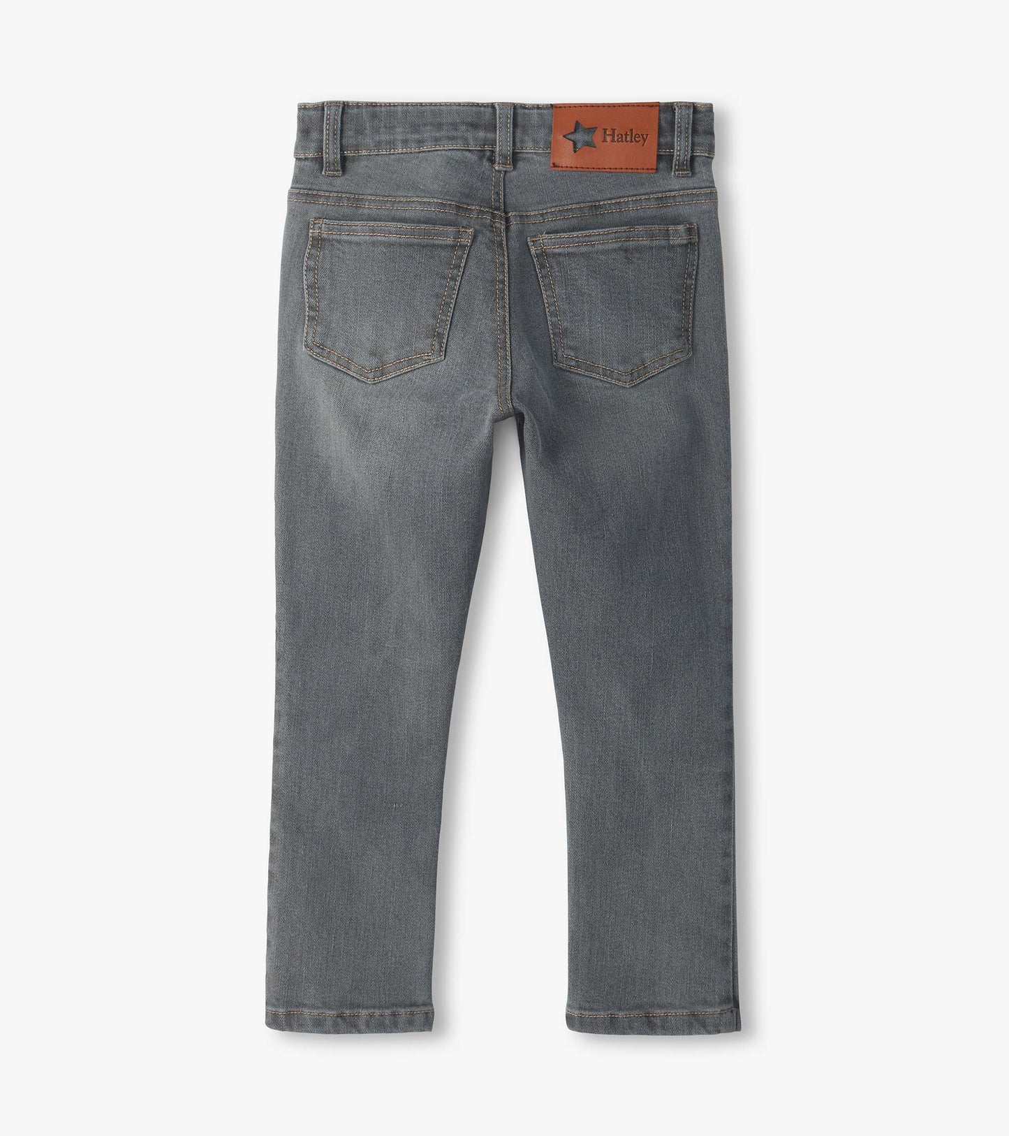 Back view of charcoal grey denim jeans with two rear pockets and a visible Hatley waistband patch