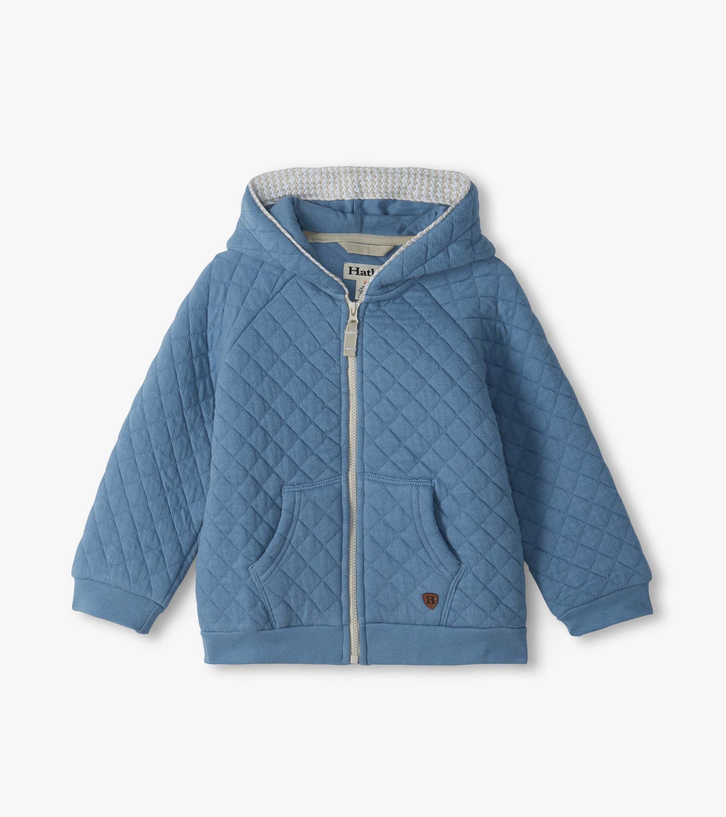 Infant faded blue quilted zip hoodie with hood, front pockets, and ribbed cuffs and hem