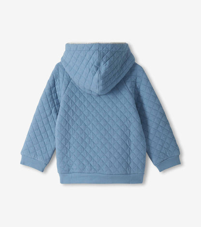 Back view of faded blue quilted hoodie with hood and ribbed cuffs and hem