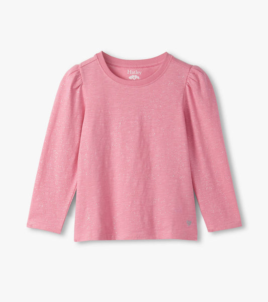 Girls pink long sleeve T-shirt with silver shimmer, puff shoulders, and round neckline