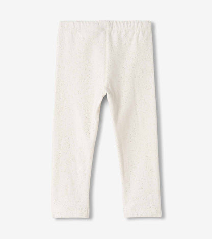 Back view of cream toddler leggings with allover gold glitter speckles and an elastic waistband