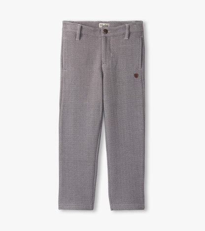 Dark grey herringbone straight leg pants with front pockets and a button closure. Suitable for casual or semi-formal wear.