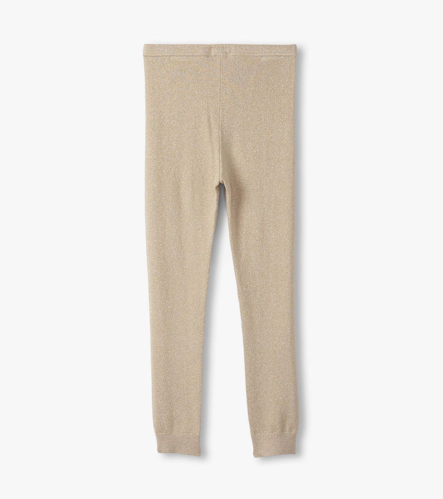 Gold glitter leggings with a stretchy waistband, designed for girls, shown from the back.