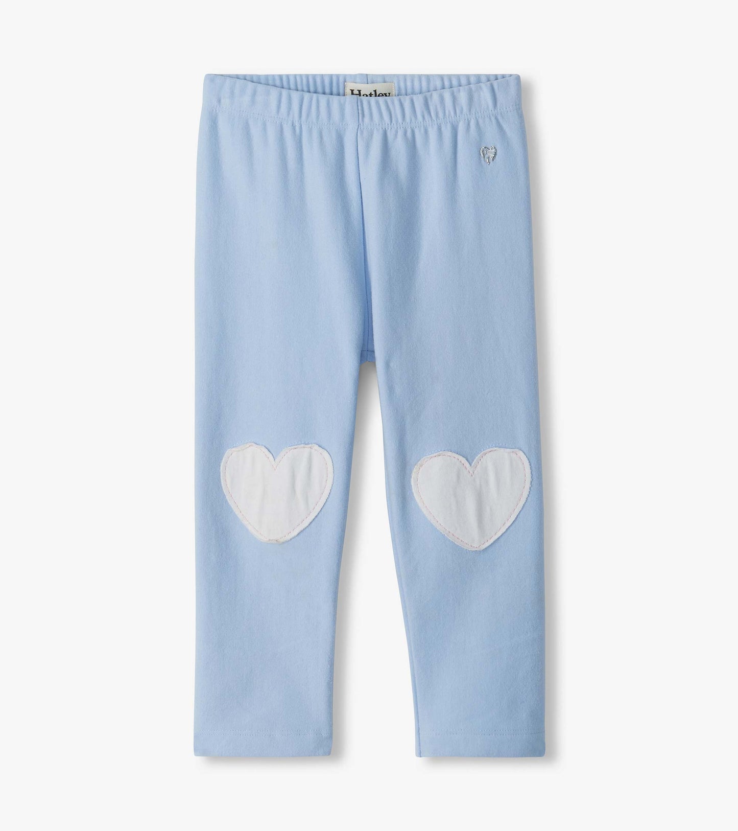 Infant light blue leggings with elastic waist and white heart knee patches