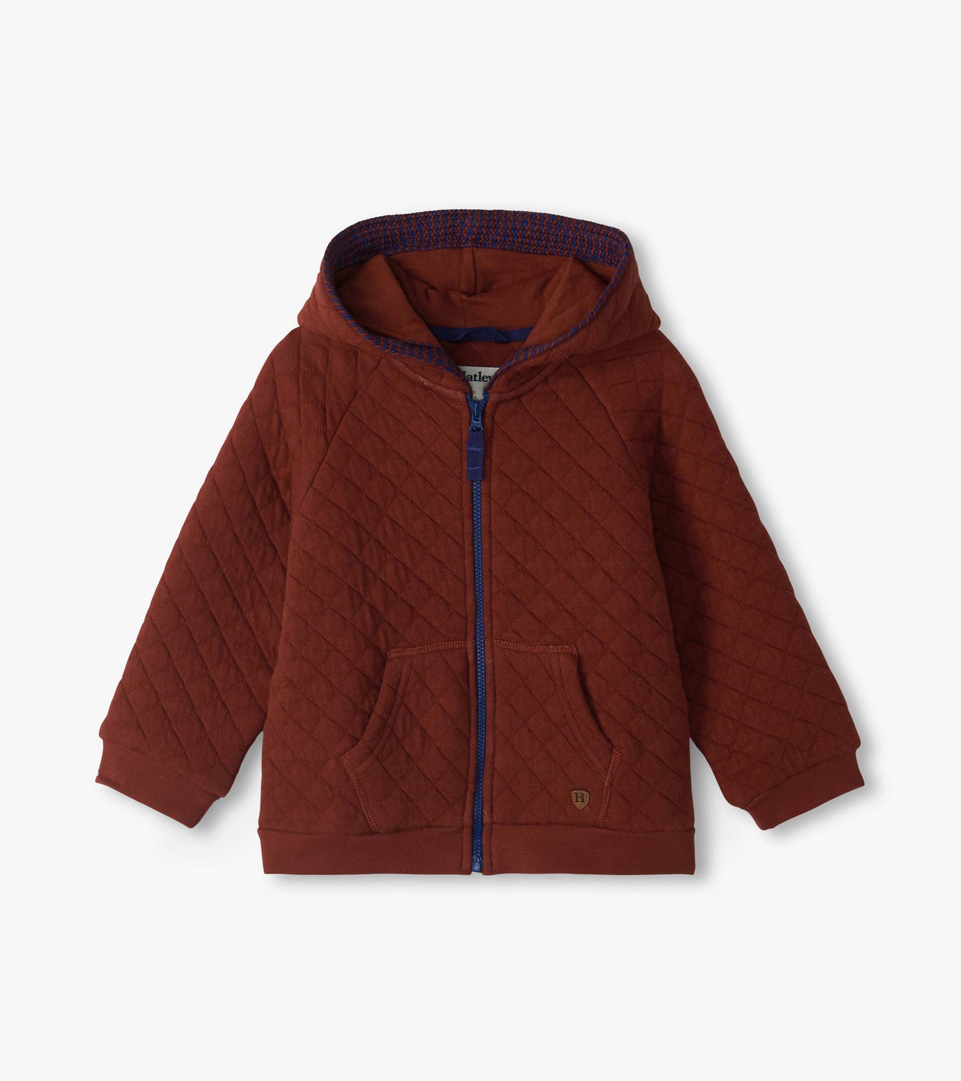 Infant madder brown quilted hoodie with front zip, hood, and kangaroo pockets