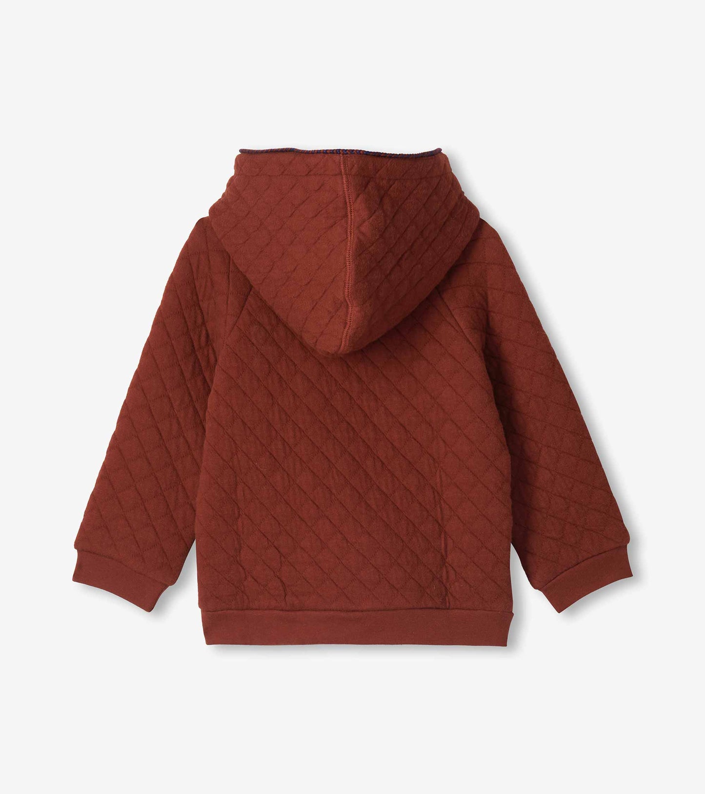 Back view of baby boys madder brown quilted hoodie with attached hood and diagonal quilted pattern