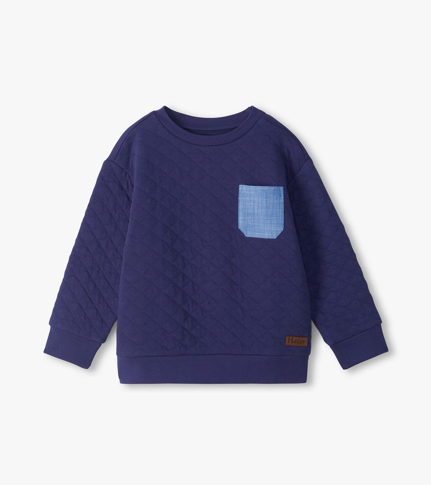 Kids blue quilted pullover with crew neck, long sleeves, ribbed trim, and light blue chest pocket