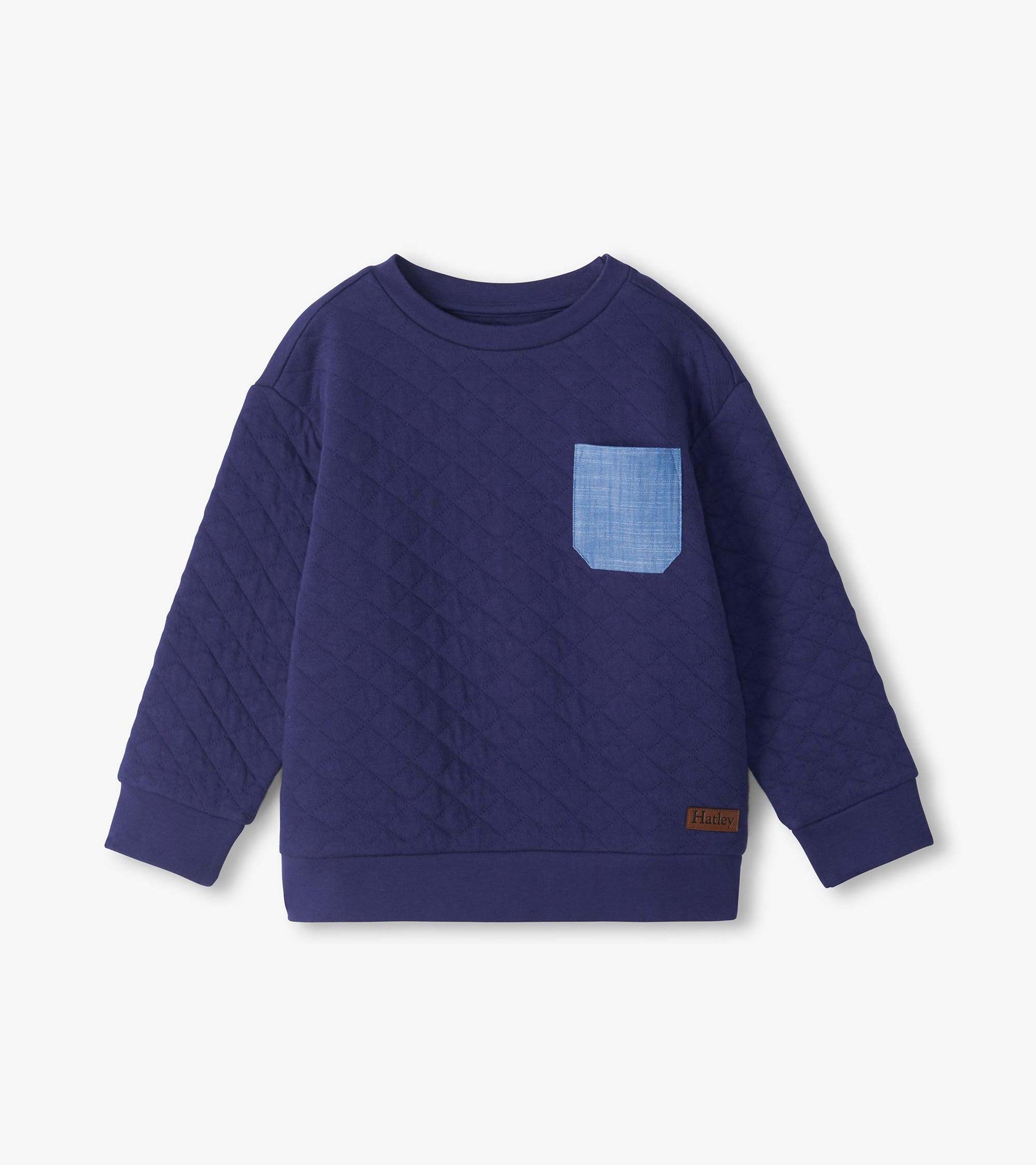 Kids blue quilted pullover with crew neck, long sleeves, ribbed trim, and light blue chest pocket