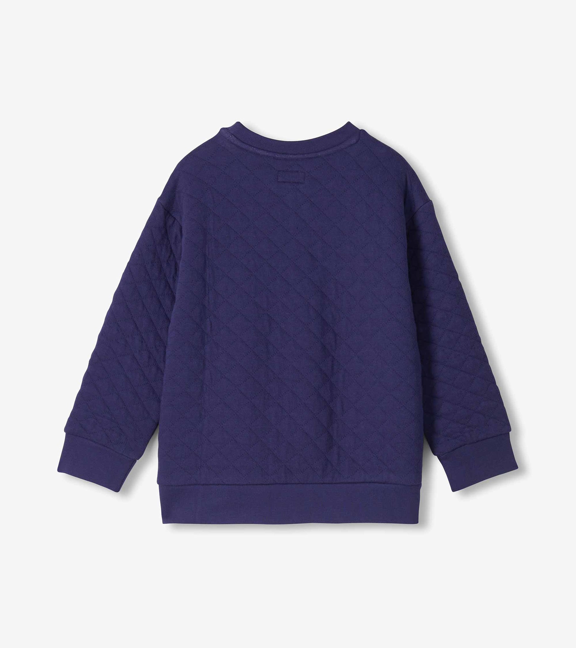 Back view of boys patriot blue quilted pullover with diamond quilted pattern and ribbed hem