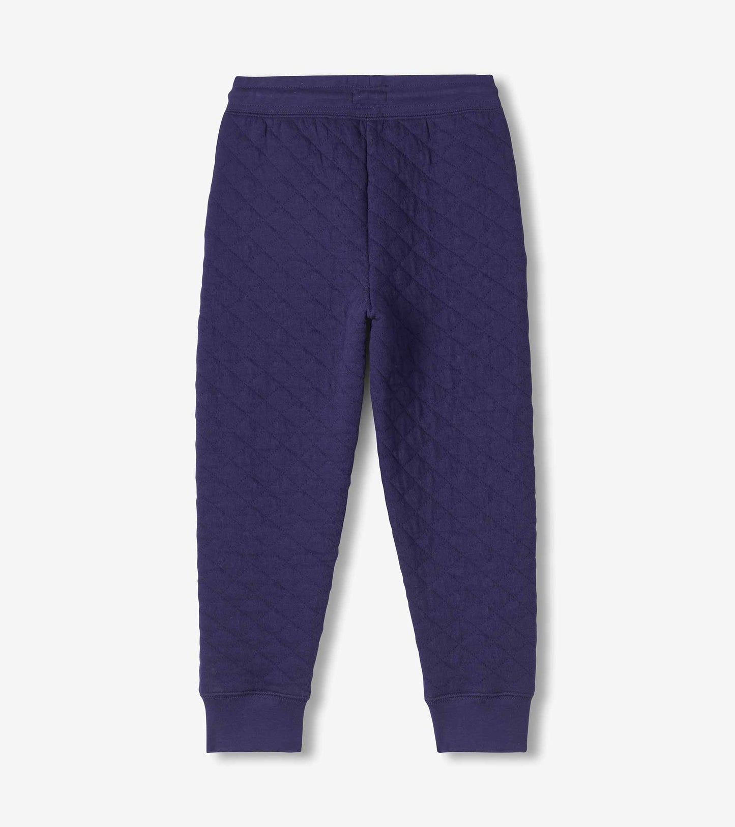 Back view of boys patriot blue quilted joggers with tapered legs and ribbed cuffs