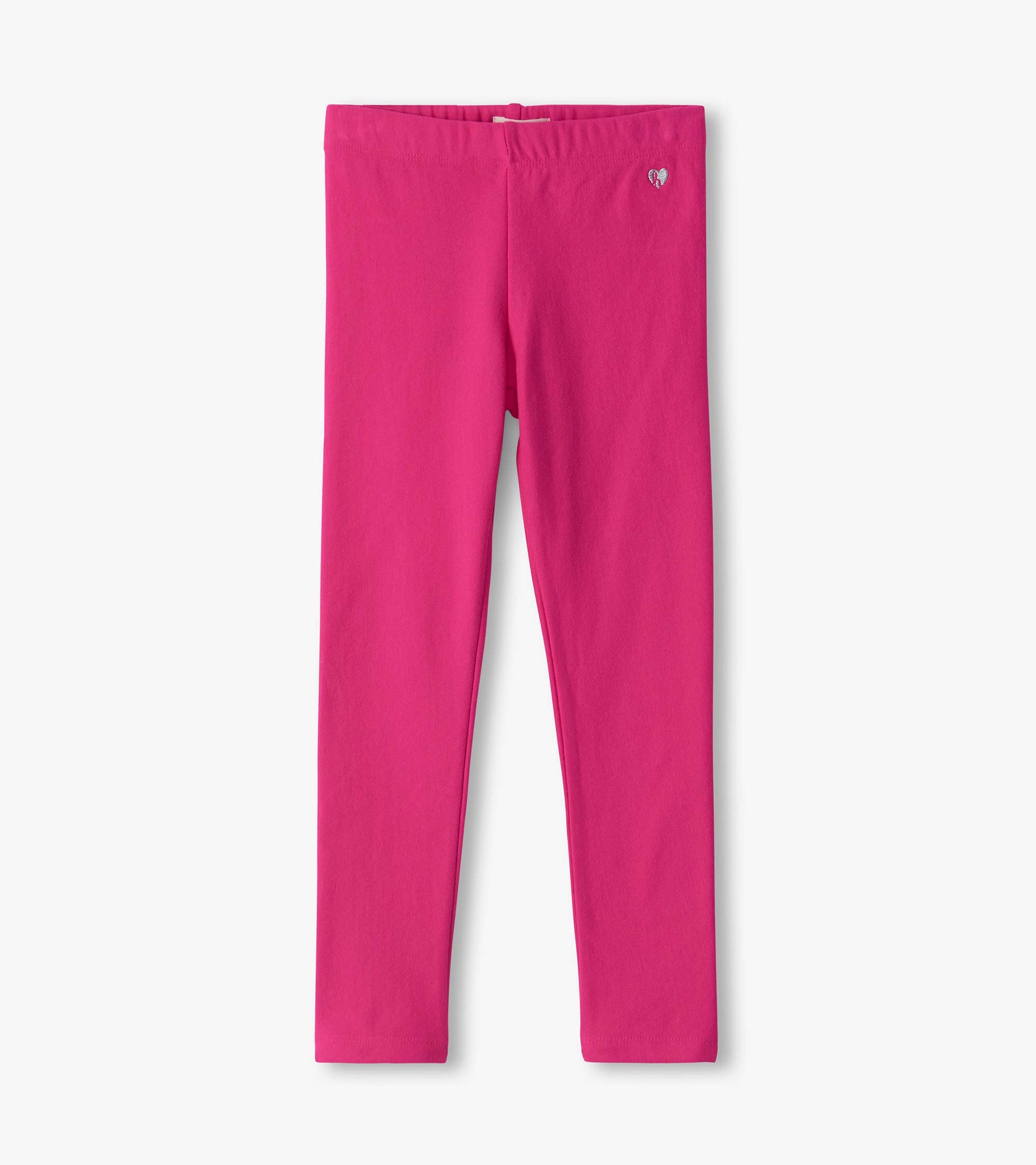 Bright pink girls leggings with a slim fit, elastic waistband, and small heart detail near the waist