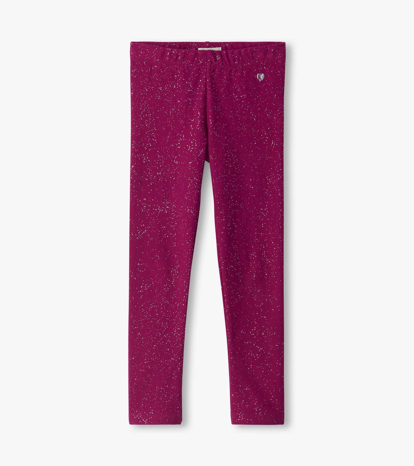 Raspberry pink girls leggings with silver speckled print and small heart detail at the waist