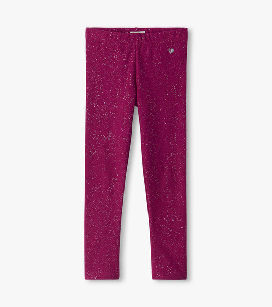 Raspberry pink girls leggings with silver speckled print and small heart detail at the waist