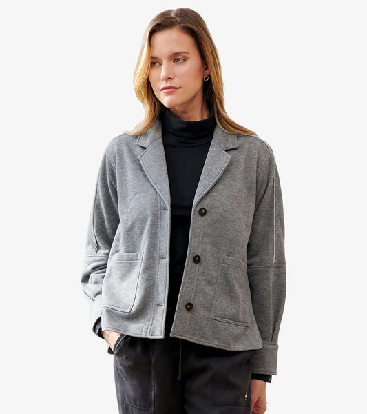 Front view of charcoal melange relaxed blazer with notched lapels, three-button front and patch pockets