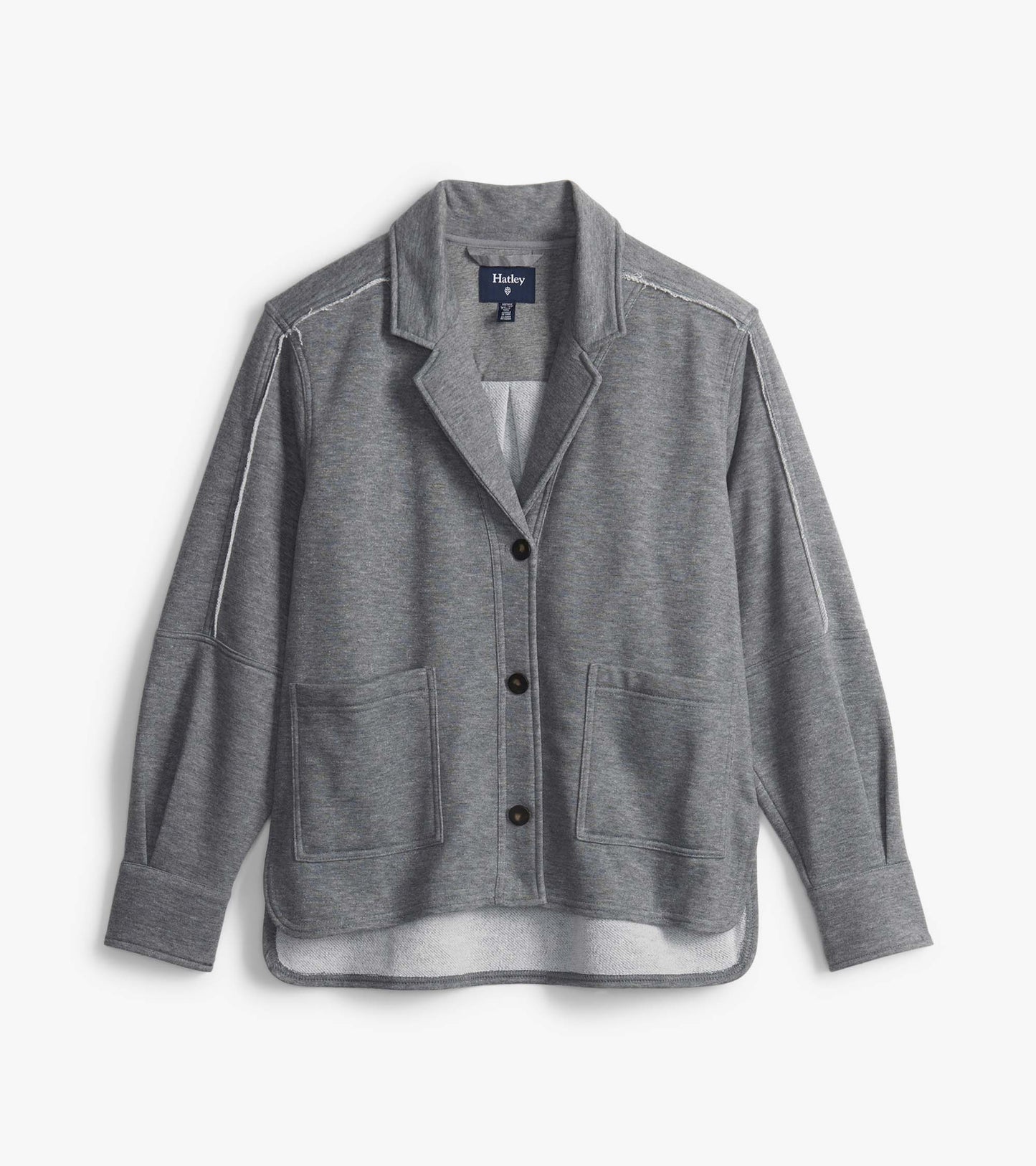Charcoal melange blazer laid flat with notched lapels, three-button front, patch pockets and curved hem