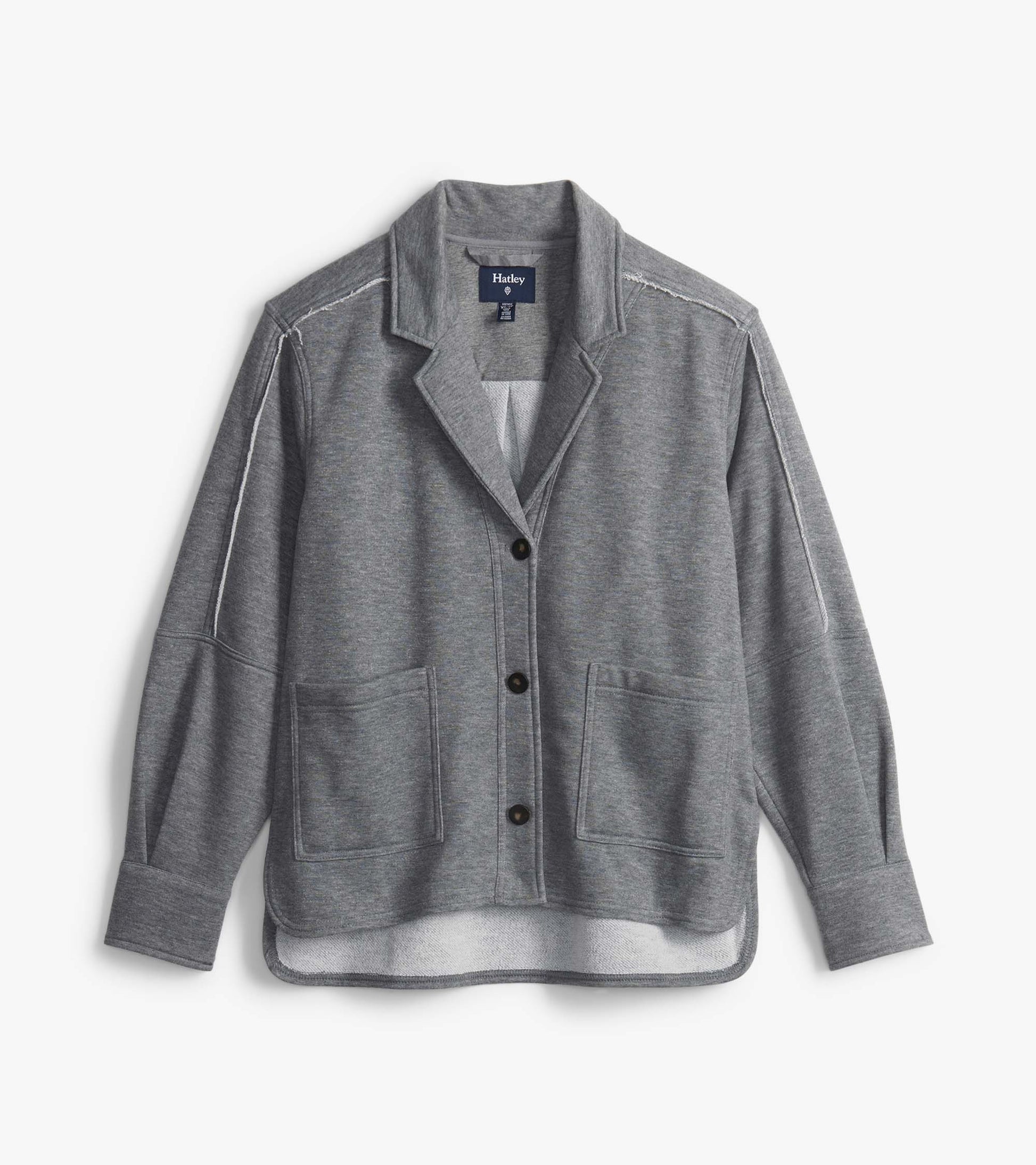 Charcoal melange blazer laid flat with notched lapels, three-button front, patch pockets and curved hem
