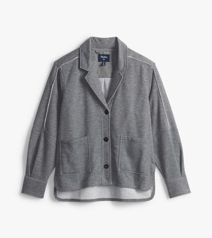 Charcoal melange blazer laid flat with notched lapels, three-button front, patch pockets and curved hem