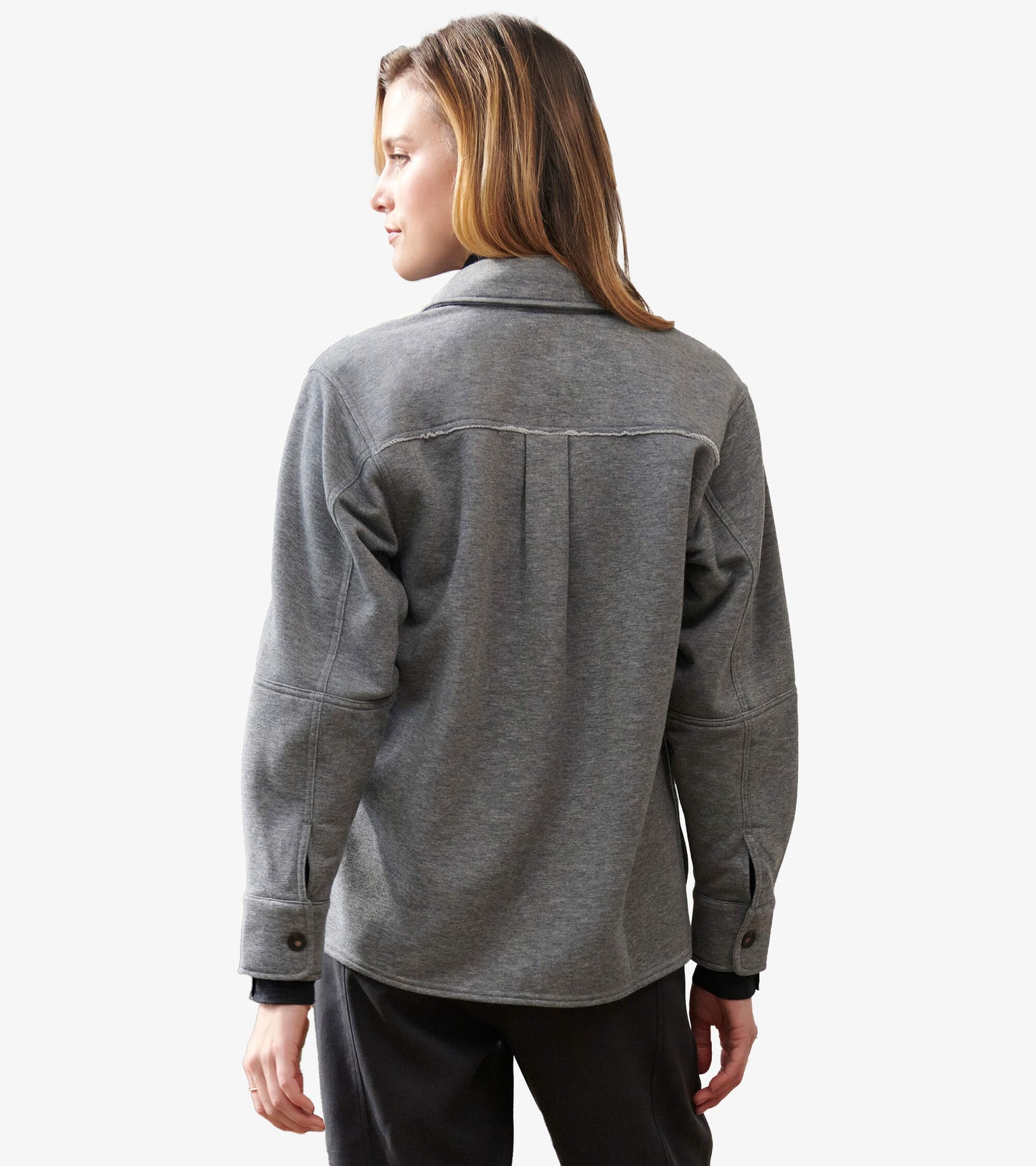 Back view of charcoal melange relaxed blazer with center back pleat and long sleeves with button cuffs