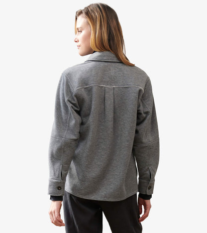 Back view of charcoal melange relaxed blazer with center back pleat and long sleeves with button cuffs