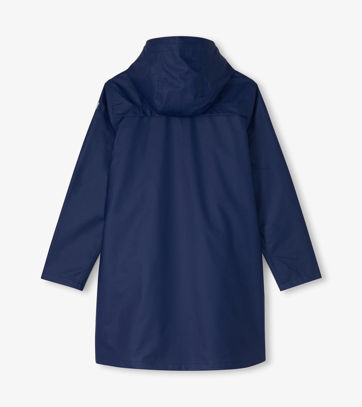 Women's patriot blue rain jacket, back view with hood and longline silhouette