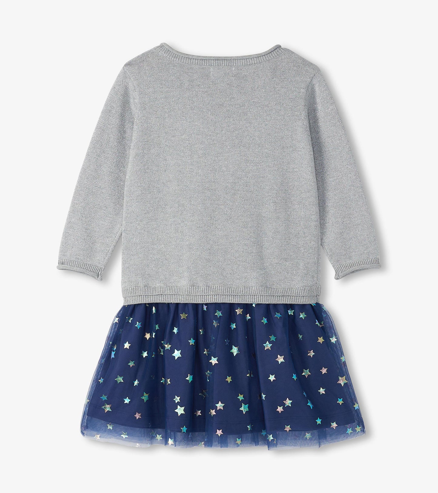 Girls gray knit dress with navy star-print tulle skirt, long sleeves, front view