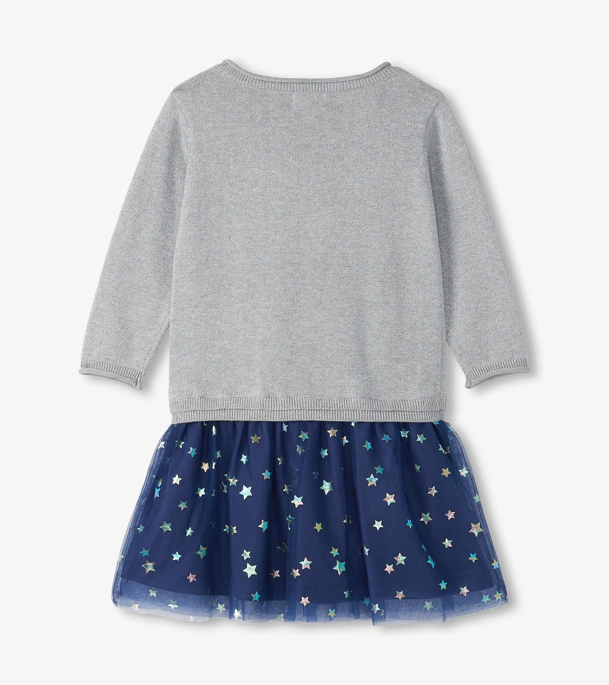 Girls gray knit dress with navy star-print tulle skirt, long sleeves, front view