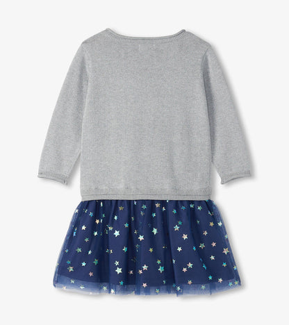 Girls gray knit dress with navy star-print tulle skirt, long sleeves, front view