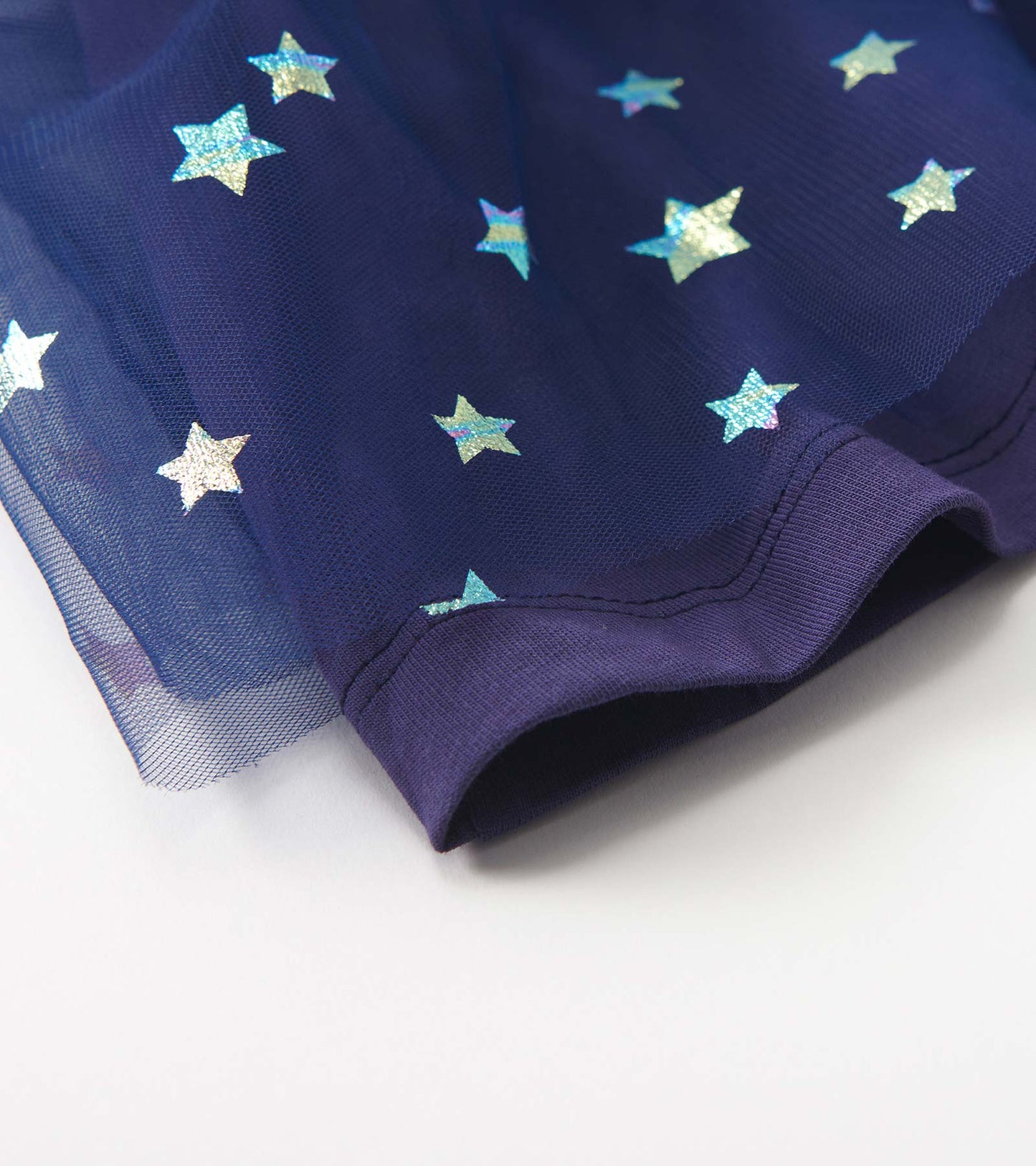 Navy girls dress with iridescent star print and tulle overlay, close-up of hem and sleeve cuff