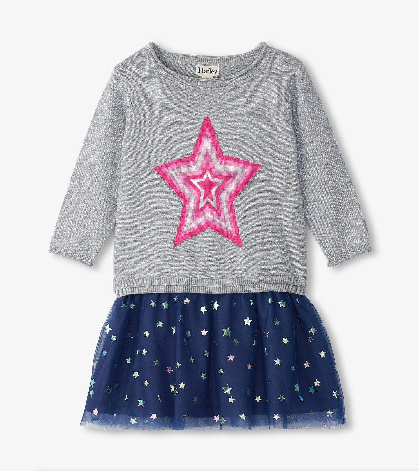 Girls gray sweater dress with pink star and navy tulle skirt with multicolor stars, front view