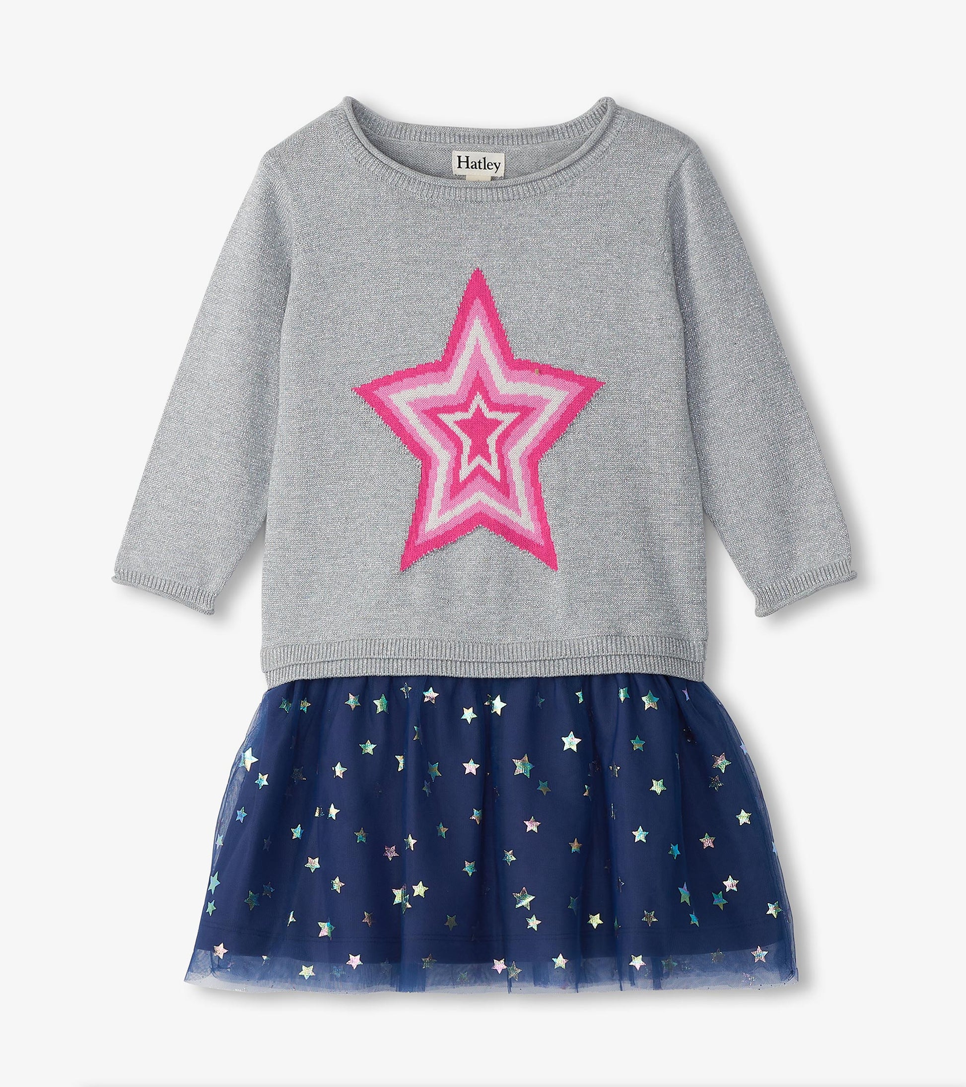 Girls gray sweater dress with pink star and navy tulle skirt with multicolor stars, front view