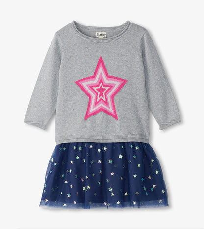Girls gray sweater dress with pink star and navy tulle skirt with multicolor stars, front view