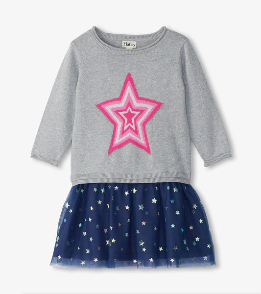Girls gray sweater dress with pink star and navy tulle skirt with multicolor stars, front view