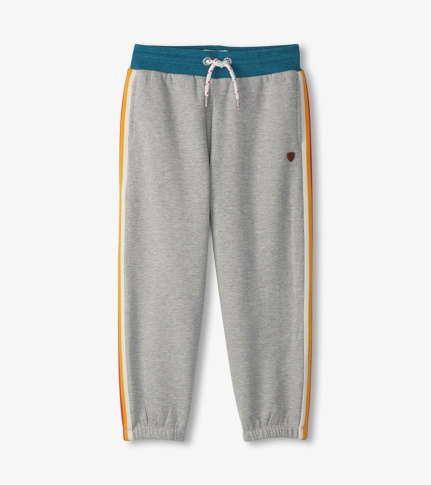 Grey baggy track pants with a teal waistband and yellow-red side stripes, featuring an elastic cuff and drawstring.