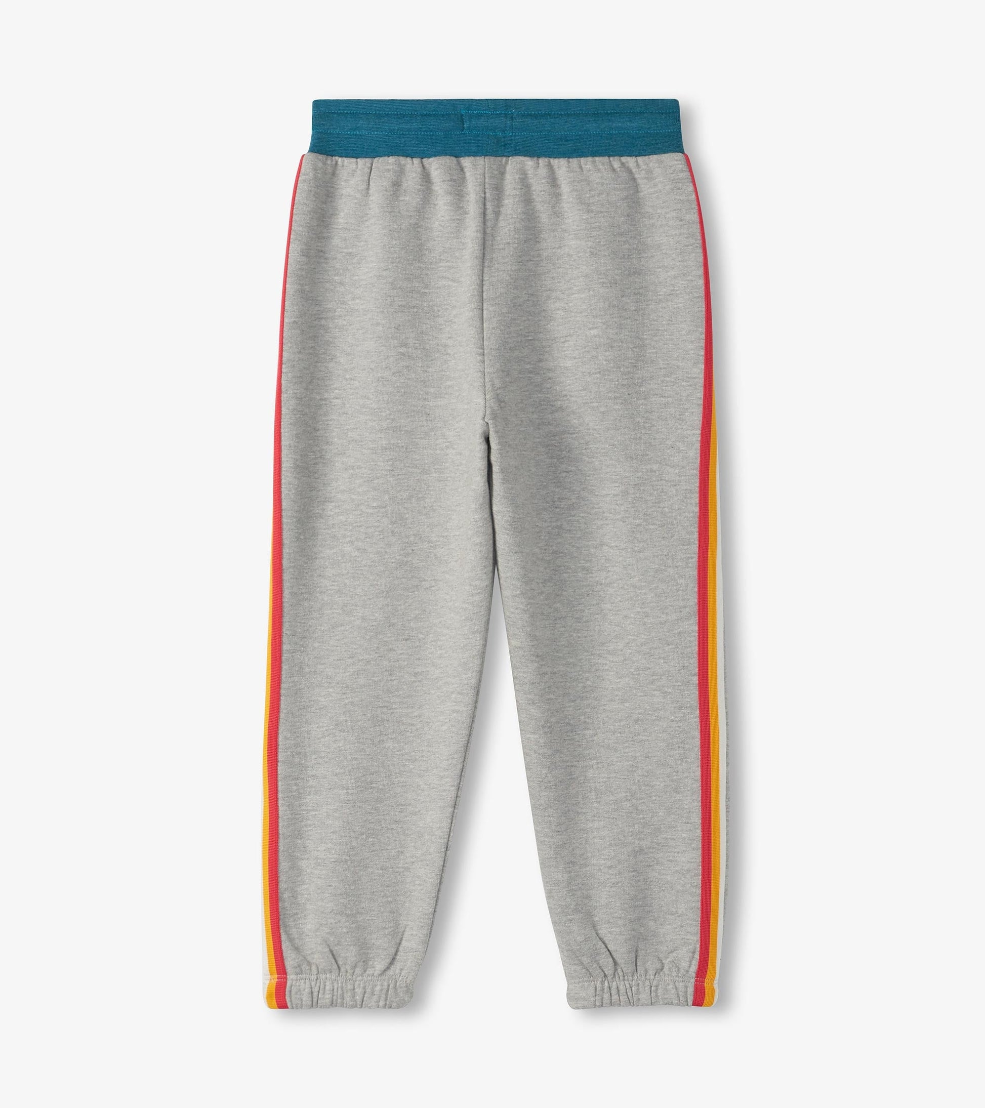 Grey baggy track pants with elastic waistband and colorful side stripes in red, orange, and yellow.