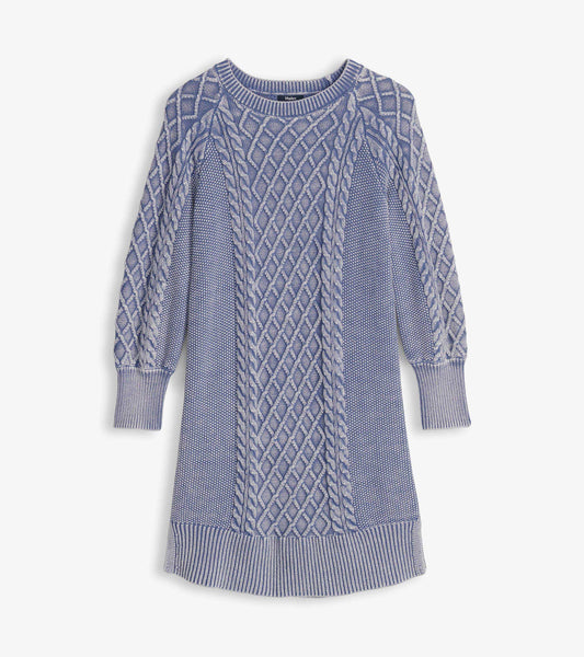 Bleached denim blue cable knit long-sleeve sweater dress with ribbed cuffs and hem, front view
